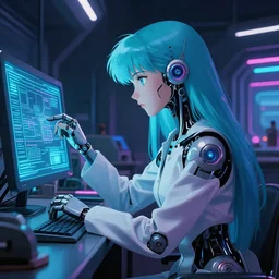 cybernetic late 8 0's dystopian anime movie still : : dieselpunk art : : long cyan haired synthetoid android science girl researcher : : somber far future neon lab background interior : : watching cyber board