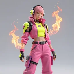 cyberpunk photorealistic character, tech wear outfit, wearables, fire dancer, pink and yellow, edgy, skull stamp, awe inspiring, artstation hd, 8 k, detailed, intricate, ornate, studio lights, golden ratio, masterpiece