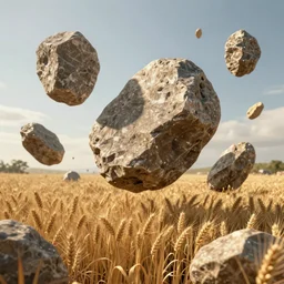 photograph of floating rocks over a wheat field, light and shadow, afternoon sunshine, unreal 5, DAZ, hyperrealistic, octane render, Regal, Refined, Detailed Digital Art, dynamic lighting, Highly Detailed, Cinematic Lighting, Unreal Engine, 8k, HD