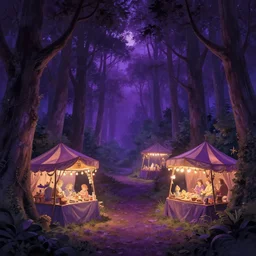 magical faire in a forest at night, beautiful, purple ambient light, artwork by gerald brom, 4 k, masterpiece
