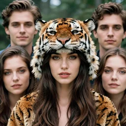 a stunning portrait of an beautiful woman wearing a tiger skin as a hat, epic character composition, by katsura masakazu, alessio albi, ilya kuvshinov, nina masic, soft focus, vertical portrait, natural lighting, f 2, 5 0 mm, classic chrome, film grain, cinematic lighting