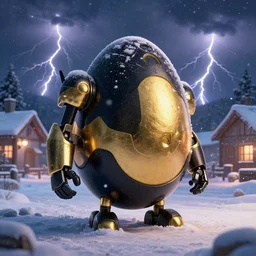 black and gold egg shaped mech in a winter village, blizzard, volumetric lighting, night time, lightning in the background