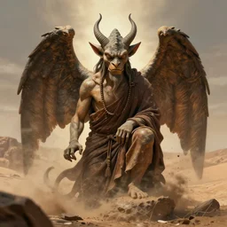a portrait of a gargoyle monk warrior with small horns and large wings in the style of victor adame minguez, desert background, uplit, enveloped in chaos, 8 k