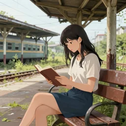 a beautiful girl sitting on a bench reading at an abandoned overgrown train station, old train station, establishing shot, digital anime painting. wlop, art by rossdraws, art by ross tran, art by bofenglin, art by bluesssatan detailed anime illustration, detailed stylized portrait, details, detailed artwork