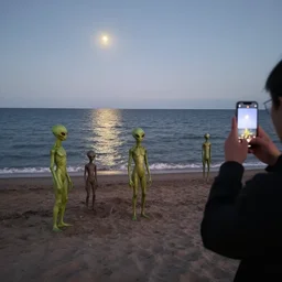 teo humanoid aliens standing on a beach at baltic sea, early evening, dim light, moon reflects on the water, photo quickly taken by someone passing by with an iphone, candid photo, spooky, wide shot, detailed
