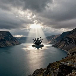a fjord in kazakhstan with a large satanic damn at the end of it. grainy, surreal, overcast sky.