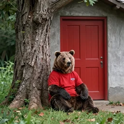 grizzly wearing a red shirt sitting outside big tree with a red door by Roger Deakins
