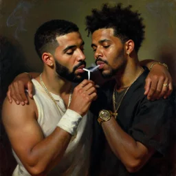 drake and the weeknd smoking by da vinci, brown skin, classical painting, digital painting, romantic, vivid color, oil painting