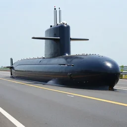 navy nuclear submarine with wheels driving on the highway