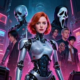 world war of the electronic souls in a portrait, highly detailed surreal neon big in japan vfx portrait of a robot android young christina hendricks, robocop, scream, stephen bliss, unreal engine, greg rutkowski, loish, rhads, beeple, makoto shinkai and lois van baarle, ilya kuvshinov, rossdraws, tom bagshaw, global illumination, detailed and intricate environment