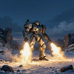 armored core v by liam wong, booster flares, snow field, karst landscape, ; wide shot, outdoor, dark blue sky, cloud, wilderness ground, golden time, twilight ; digital painting, high contrast, dynamic backlighting, sharp edge, motion blur, photoreal, cinematic,