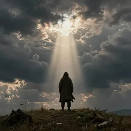 fool on a hill looking at the apocalypse, dramatic light, epic clouds, john martin, apocalyptic, end of times, biblical