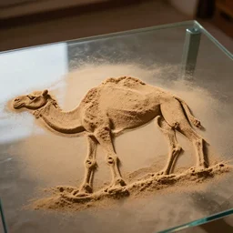 photography camel made from sand, on glass table with ambient light