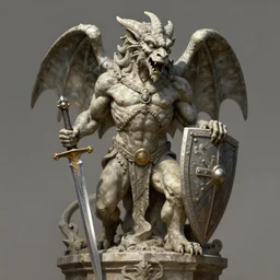 a detailed full body portrait gargoyle guardian in stone, holding sword and shield, by greg rutkowski and justin gerard, digital art, monstrous, art nouveau, baroque style, realistic painting, very detailed, fantasy, dnd, character design, trending on artstation
