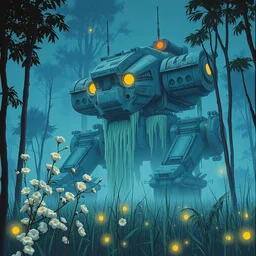 grainy risograph matte painting of gigantic huge evangelion - like mech covered ooze, blue, exotic huge vegetation, fat trees, glowing flowers, tall bamboo grass, pastel matte colors, staying in the foggy huge swamp covered with web and cotton, fireflies, by moebius, close - up wide portrait, hyperrealism