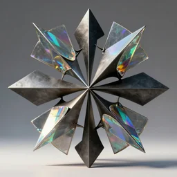 metal sculpture geometric symmetrical forms and iridescent glass elements with sunlight rainbow reflections style of ivan black, jack storms yunchul kim anthony howe, octane render, 4 k