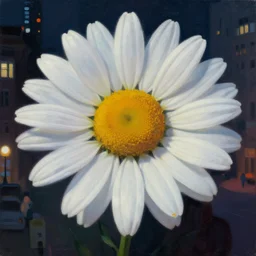 closeup, huge daisy flower head, woman in a modern city, surreal photography, night light, dark, impressionist painting, digital painting, artstation, simon stalenhag