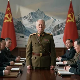 Bruce Willis as Mao Zedong, leader of China. He is dressed like a military dictator, and is in a conference with Soviet Leaders in Siberia.