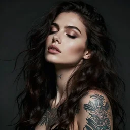 a beautiful woman with closed eyes and tattoos, 8 k, sensual, hyperrealistic, hyperdetailed, beautiful face, long hair windy, dark fantasy, fantasy portrait by laura sava