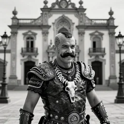 a cinematic view of wide bw photo from a very ornated old brazilian actorantonio renato aragao didi viking, shaved haircut, mexican mustache, showing celtic tattoos in the head, using leather armour with necklace of bones, naughty expression, photorealistic, volummetric light, depth of field, detailed, texturized, zeiss lens high professional mode
