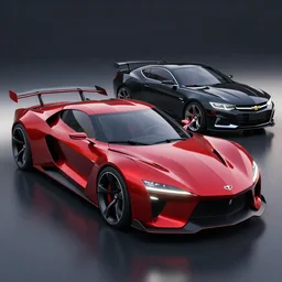 sports car based on nissan and chevy sports car body styles, nissan sports cars, chevy sports cars, concept car, sharp focus, ruby red and black paint, trending on artstation, unreal engine, photoreal, award winning, concept art, car design by jon sibal and khyzyl saleem