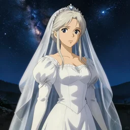 anime portrait of ciri from the witcher dressed as a bride, in the background you can see the milky way. official art, key visual, studio lightning, very detailed bd cover, Studio Ghibli, hyperrealistic, artstation H 768