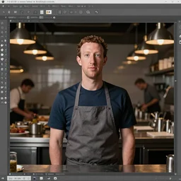 Mark Zuckerberg as a restaurant chef EOS-1D, f/1.4, ISO 200, 1/160s, 8K, RAW, unedited, symmetrical balance, in-frame, Photoshop, Nvidia, Topaz AI