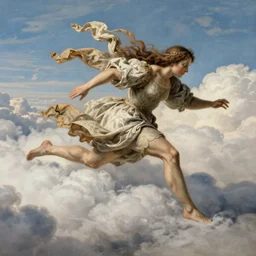 running and falling on clouds, 4k, post-processing, detailed, Renaissance painting