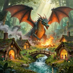 a majestic dragon attacking and burning medieval hobbit homes, centered, ornate, beautiful, atmosphere, vibe, mist, smoke, chimney, rain, well, wet, pristine, puddles, waterfall, clear stream, bridge, orange, green, stained glass, forest, flowers, concept art illustration, color page, 4 k, tone mapping, doll, akihiko yoshida, james jean, andrei riabovitchev, marc simonetti, yoshitaka amano, digital illustration, greg rutowski, volumetric lighting, sunbeams, particles, rembrandt