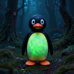 dark forest : : pinguin monster : : resin, light mode, cinecolor, fluorescent, electric arc, moody lighting, volumetric light, wavy