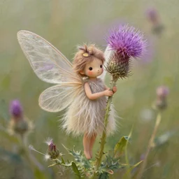 a beautiful fairytale painting of a cute thistle seed fairy, a fairy made out of a thistle seed.