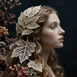 a woman's face in profile, long hair entwined in a coral reef, made of intricate decorative lace leaf, in the style of the dutch masters and gregory crewdson, dark and moody