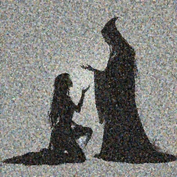 the silhouette of the dark sorceress as she bestows her magic upon her disciple, which is kneeling in front of her, concept art, trending on artstatio HD