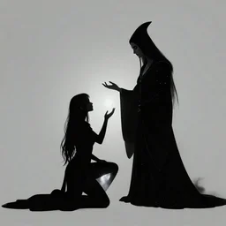 the silhouette of the dark sorceress as she bestows her magic upon her disciple, which is kneeling in front of her, concept art, trending on artstatio HD