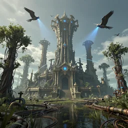 Ancient technomancer temple in a Swamp full of trees made out of thousands of wires and pipes, flying bird like robots with blue lights scanning, artstation trending unreal 8k HD