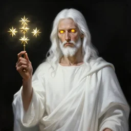 « portrait of the white - haired jesus in a white robe and flaming yellow eyes, holding seven stars in right hand, grim - lighting, high - contrast, intricate, elegant, highly detailed, digital painting, artstation, concept art, smooth, sharp focus, illustration »