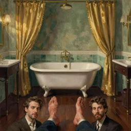 a painting of a romantic 1 9 2 0's bathroom, one antique white clawfoot bathtub, curtains, dark wooden floor, cinematic light, first - person view, by anders zorn, ron hicks, jeremy lipking, joseph todorovitch