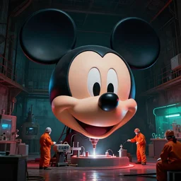a enormous giant mickey mouse head being drilled in a scientific experiment by small workers wearing orange coveralls inside of a dark old warehouse, red and blue - green lighting, cinematic, art by beeple and wlop, digital art, trending on artstation, award winning