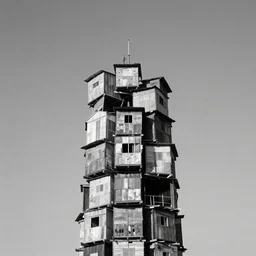 a tower made up of makeshift squatter shacks, duotone, mamiya, 8 5 mm, f 1. 7, fully frontal view, uniform plain sky, fine details, photographed by julie blackmon and ansel adams