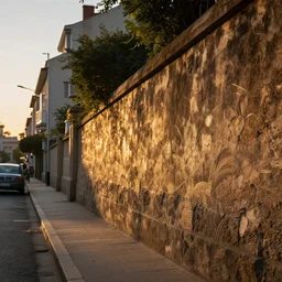 hyperrealistic rendering on very beautiful old wall on the street in big city, professional foto, 3 5 mm, sunset, cinematic lighting