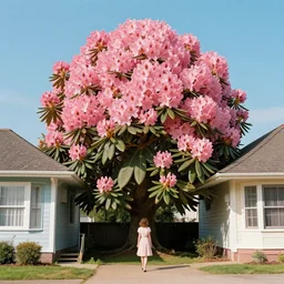 giant rhododendron flower head, woman walking between houses, surreal photography, blue sky, realistic, symmetry, retro, wes anderson
