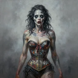by Tom Bagshaw, ultra realist soft painting of a carnival  curiosities, beautiful single female zombie in a corset, symmetry accurate features, very intricate details, focus, curvy, award winning, ultra dense fog