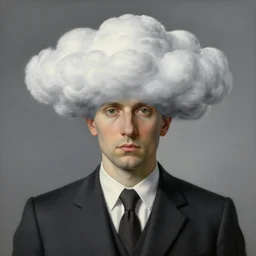 portrait of man in a suit that has clouds instead of head by rene magritte, detailed painting, hd, hq, high resolution, high detail, 4 k, 8 k