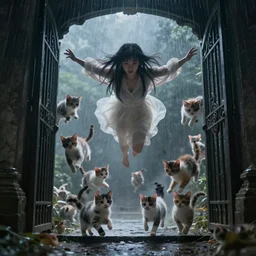 kittayyyys falling from the gates of heaven, asian art, by Victo Ngai, Sung Choi, 8k photorealistic, cinematic lighting, HD, high details, dramatic, dark atmosphere, trending on artstation. buncha fallin kittays. it's raining kittens.