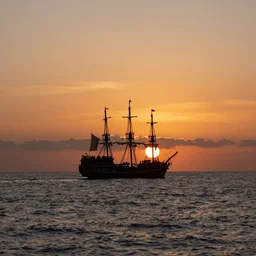 beautiful sunset over the ocean with the silhouette of a pirate ship in the center, award winning photography