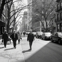 new york street scene in early spring, 1 9 4 0 s, light and shadow, sunlight, black and white film photo, by andrei tarkovsky