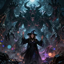 young novice witch summoning a monstrous horror from the abyss 4 k high definition artstation trending path traced contrast light and dark colorful bokeh massive scale cinematic breathtaking lovecraftian horror fantasy nightmare, art by greg rutkowski