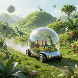 airscape, driving through a beautiful wonderland, smoke - filled ， green hill, many interstellar plants, little dinosaur and man dance together in the glass camp, a spherical mechanical car, futuristic concept design, high detail render by octane, unreal engine, 8 k, cinematic