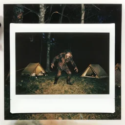night time picture of terrifying monster, monster attacking campers, polaroid photos, old photos, strange creatures hiding in the woods, no sun, no dof