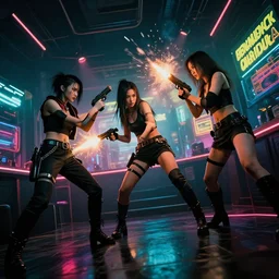epic highly detailed photo portrait of gang girl fight in cyberpunk night adult club, 3 5 mm, guns blasting, low angle, blade runner, akira, cinematic angle, cinematic lighting, reflections, action, battle
